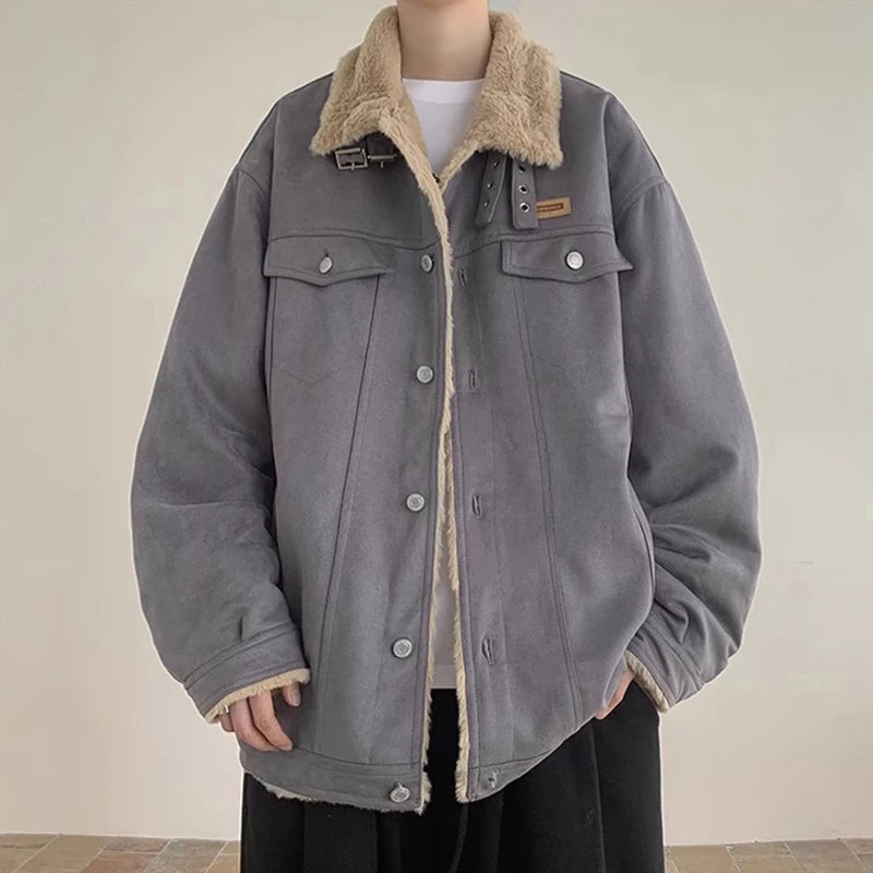 Threebooy  New American Fleece-lined Men Padded Jackets Luxury Harajuku Long Sleeve Streetwear Winter Trendy Chic Turn-down Collar Coats