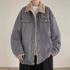 Threebooy  New American Fleece-lined Men Padded Jackets Luxury Harajuku Long Sleeve Streetwear Winter Trendy Chic Turn-down Collar Coats