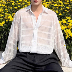 Threebooy  Summer New Men's Solid Color Striped Hollow Long-Sleeved Shirt Retro Fashion Trend Leisure Loose Breathable Niche Men's Tops