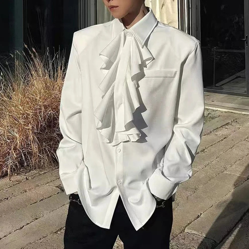 Threebooy  Men Ruffled Collar Vintage Shirt Autumn Streetwear Fashion Retro Elegant Top City Boy Lightweight Breath Long Sleeve Shirt