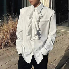 Threebooy  Men Ruffled Collar Vintage Shirt Autumn Streetwear Fashion Retro Elegant Top City Boy Lightweight Breath Long Sleeve Shirt