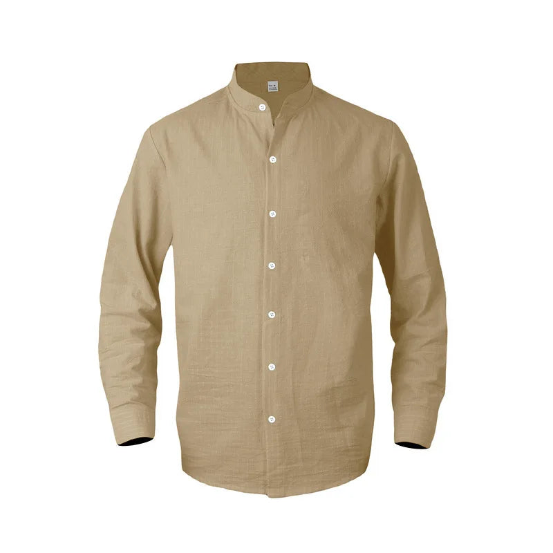 Threebooy 2025 New Autumn New Men's Casual Shirt Business Casual Style Linen Shirt Striped Stand Collar Long Sleeve Cardigan Shirt Men