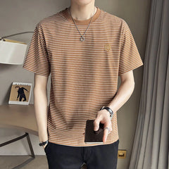 Threebooy Summer Men's Stripe Printing Short Sleeve T-shirt Youth Round Neck Tshirt White/black/Apricot Color Casual T Shirts M-2XL