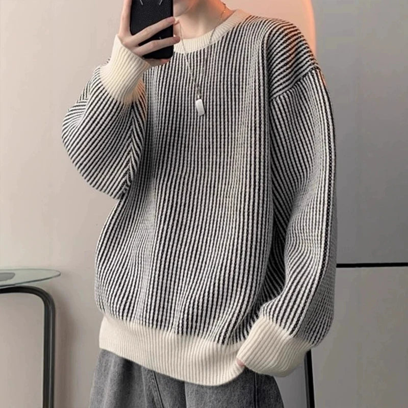 Threebooy  New Japanese Trendy Men Sweater High Street Patchwork Knitted O Neck Long Sleeve Pullover Casual Loose Premium Quality Knitwear