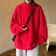 Threebooy  Autumn Solid Fluffy Warm Knitted Sweaters For Man New High Street Fashion Loose Pullovers New Y2K Vintage Knitwear Jumpers