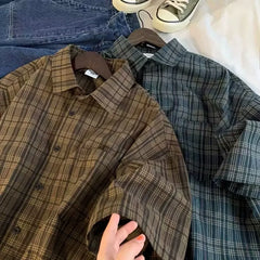 Threebooy  Japanese Vintage Plaid Short Sleeve Shirt Men's Streetwear Loose Fit High-end Feel Casual Stylish Versatile Half Sleeve Jacket