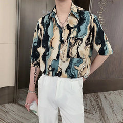 Threebooy  Men's Summer Trendy Vintage Tie Dye Print High Street Ice Silk Shirt Casual Lapel Short Sleeve Pocket Loose Chic Handsome Tops
