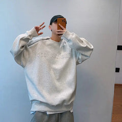 Threebooy  Hip Hop Sweatshirt Loose Shoulder-down Steel Stamp Raised Letter Zipper O-neck Shirt Men's High-end Hat-free Clothing