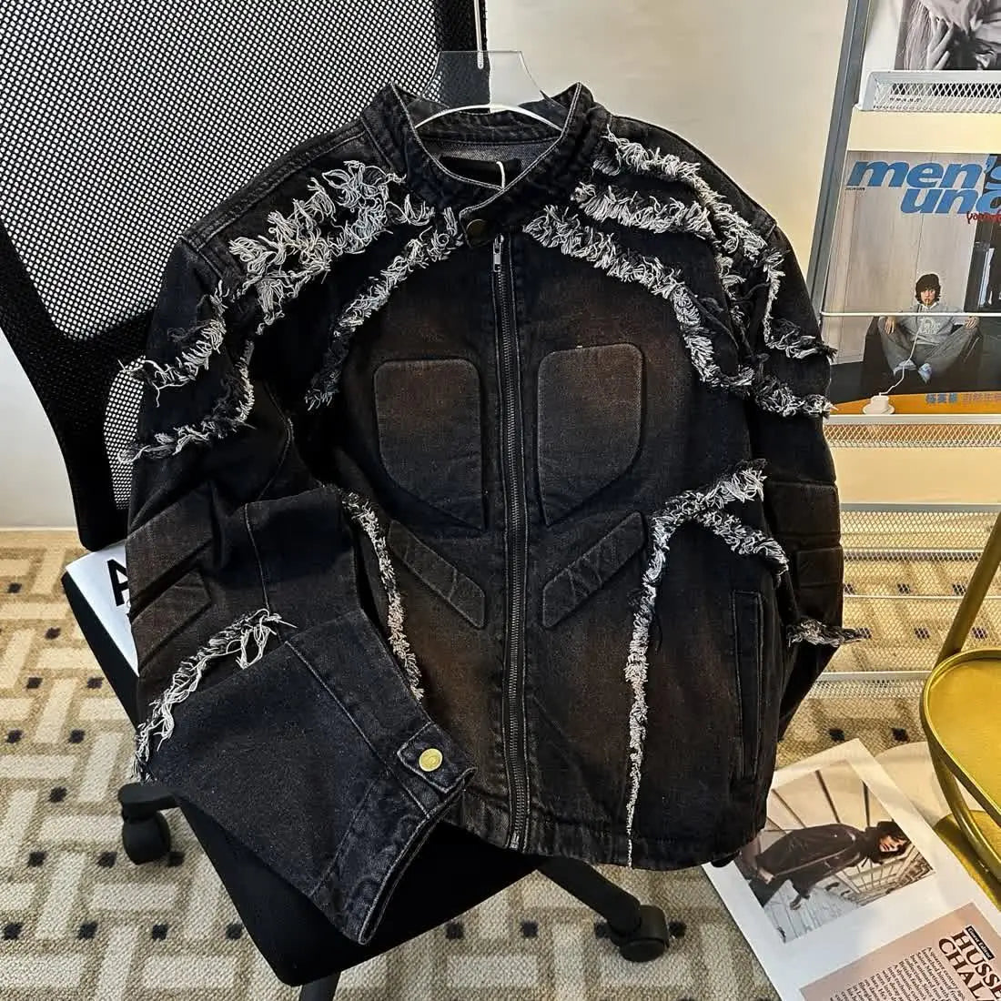 Threebooy Spring Autumn Jeans Coat American Retro Old Concave Embossed Shoulder Pad Denim Jacket Boys Washing with Breasts Dirty Coats Men