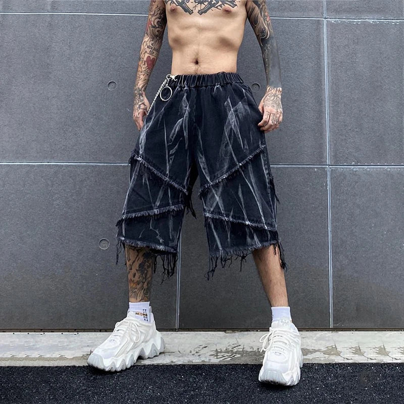 Threebooy Distressed Ripped Male Denim Shorts Jeans Man Baggy Men's Summer Shorts Y2K Black Punk Streetwear Vintage Hip Hop