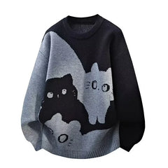 Threebooy  Winter Men's Anime Cat Jacquard Crewneck Knitted Sweaters Hip Hop Fashion Graphic Printed Y2K Jumpers Streetwear Knit Pullovers