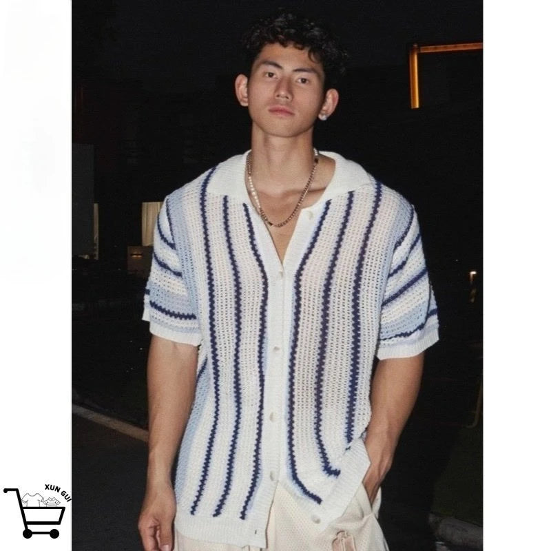 Men and women American high street hip-hop striped lapel short sleeved couple retro summer knitted Harajuku short sleeved top