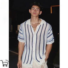 Men and women American high street hip-hop striped lapel short sleeved couple retro summer knitted Harajuku short sleeved top