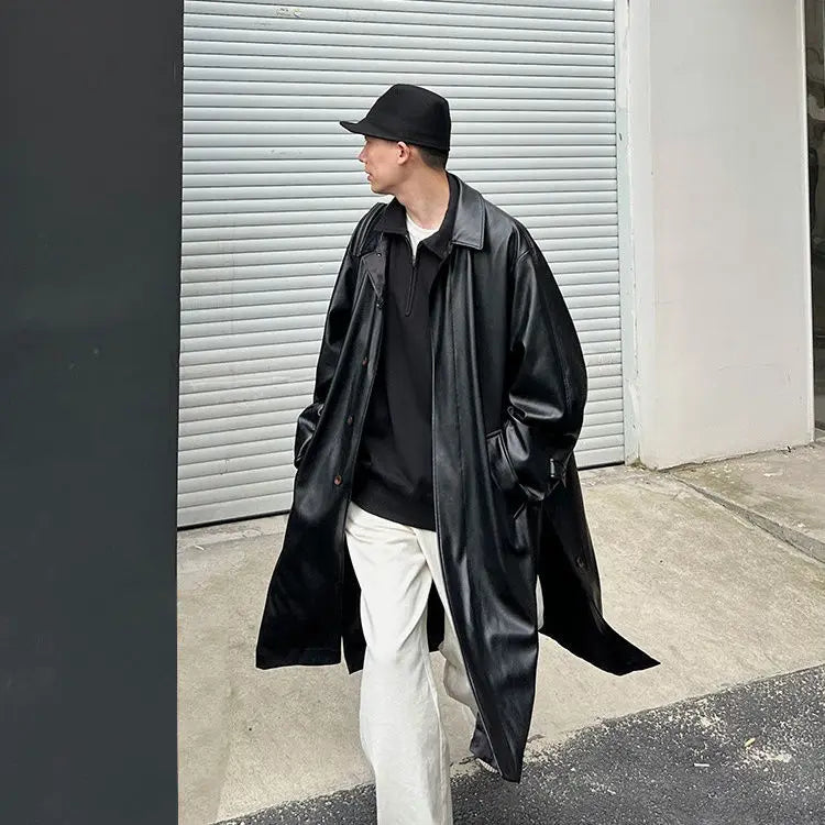 Threebooy 2025 Spring Pu Leather Jacket Men's Mid-length American Retro Long Jacket Lapel Button Coat Trendy Cityboy Windbreaker