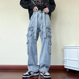 Threebooy New Men Cargo Jeans Wide Leg Pants Multiple Pockets Baggy Denim Trousers Hip Hop Streetwear Skateboard Neutral Male Clothes