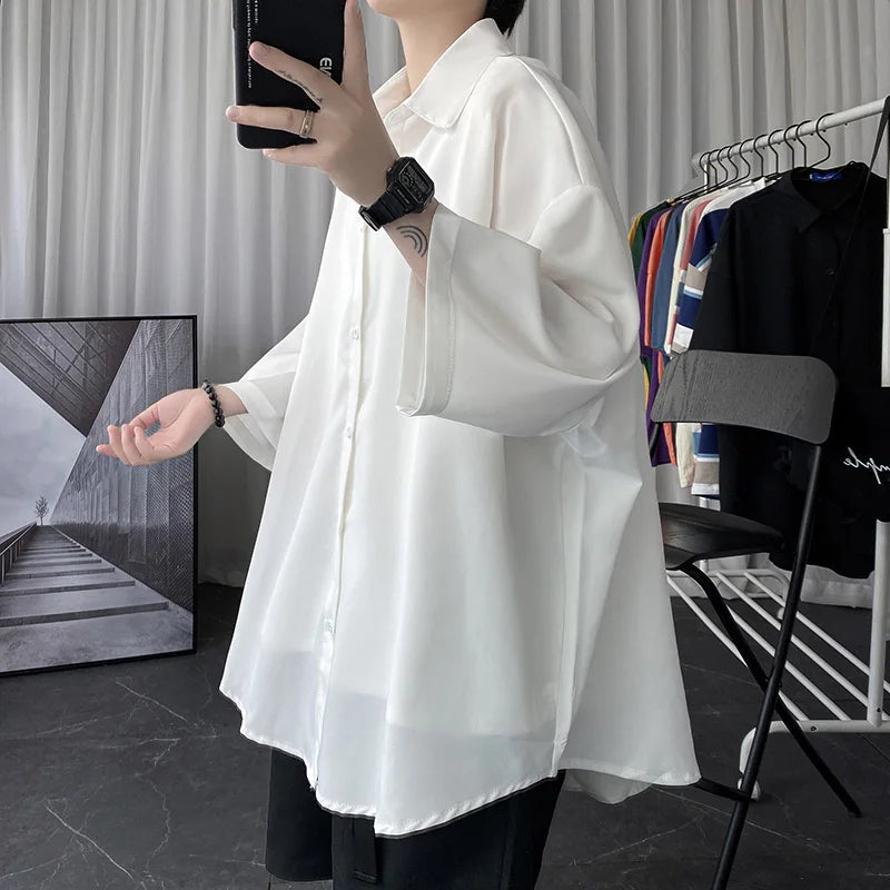 Threebooy Told Tale Oversized Men's Shirts Black/White Harajuku Men Seven Sleeves Casual Shirt Tops Summer Daily Streetwear Man Blouse