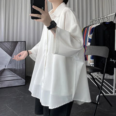 Threebooy Told Tale Oversized Men's Shirts Black/White Harajuku Men Seven Sleeves Casual Shirt Tops Summer Daily Streetwear Man Blouse
