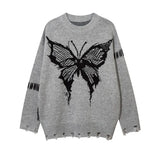 Threebooy High Street Trendy Men Sweater Dark Butterfly Jacquard Round Neck Pullover with Hole in The Bottom Hem Knitwear Spring Autumn