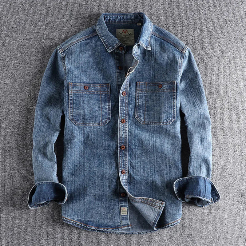 Threebooy  Retro Male Cargo Snowflake Washed Distressed Denim Shirt Chunky Rough Cotton Uniform Light Casual Work Safari Mens Shirts Top
