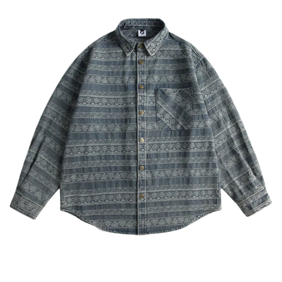 Threebooy Vintage Print Denim Shirts Mens National Style Long Sleeve Shirt for Men Harajuku Loose Casual Cotton Blouse Jeans Coats Male