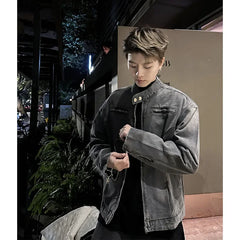 Threebooy Trendy American Style Vintage Cropped Jacket Men's Loose Fit Denim Clip-on Motorcycle Jacket Hiphop High Street Fashion