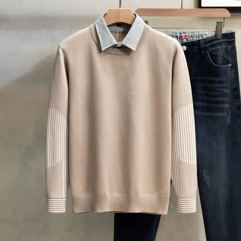 Pullovers Women Fake 2pcs Turn-down Collar Striped Korean Style Long Sleeve Spring Autumn Warm Office Streetwear Shopping New