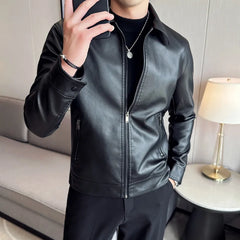 Threebooy Men's Motorcycle Leather Jacket Large Size Pocket Black Zipper Lapel Slim Fit Male Spring Autumn High Quality PU Coat