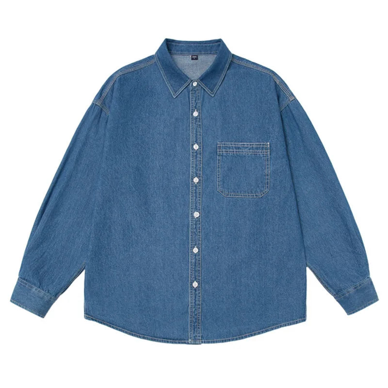 Threebooy  Mens Button Down Denim Shirt Long Sleeve Lapel Jean Shirt Casual Slim Fit Washed Denim Shirts with Chest Pockets