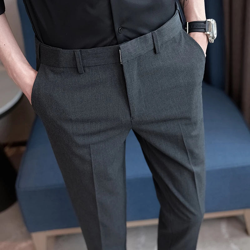 Threebooy Men Thin Business Solid Color Slim Casual Formal Office Trousers Male Summer Stretch Ankle-Length Suit Pants Plus Size 28-36