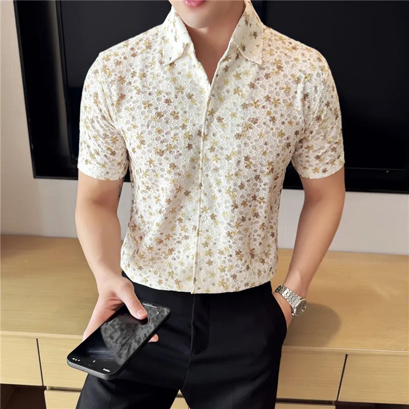 Threebooy  Summer New Men's Short Sleeved Shirt High Quality Fashion V-neck Flower Printed Shirt Breathable Casual Shirt Size 4XL-M