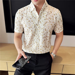 Threebooy  Summer New Men's Short Sleeved Shirt High Quality Fashion V-neck Flower Printed Shirt Breathable Casual Shirt Size 4XL-M