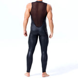 Threebooy Mens Undershirts Mesh PU Leather See Through Vest Bodysuits Leotard Stage Dance Nightclub Long Pants LGBT Sexy Lingerie Jumpsuit