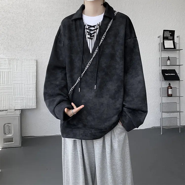 Threebooy Collar Sweatshirt Mens Layered V Neck Pullover Fake Two Piece Streetwear Casual Hoodie Jacket Fall 2025 New Tie Dye Design