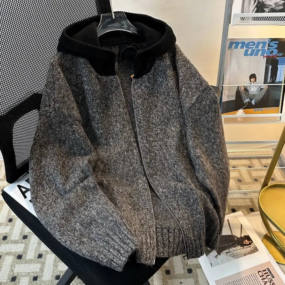 Threebooy  American Trendy Hooded Cardigan Men Korean Style Fashion Zipper Casual Loose Hooded Knitted Sweater Autumn Winter Jacket Chic