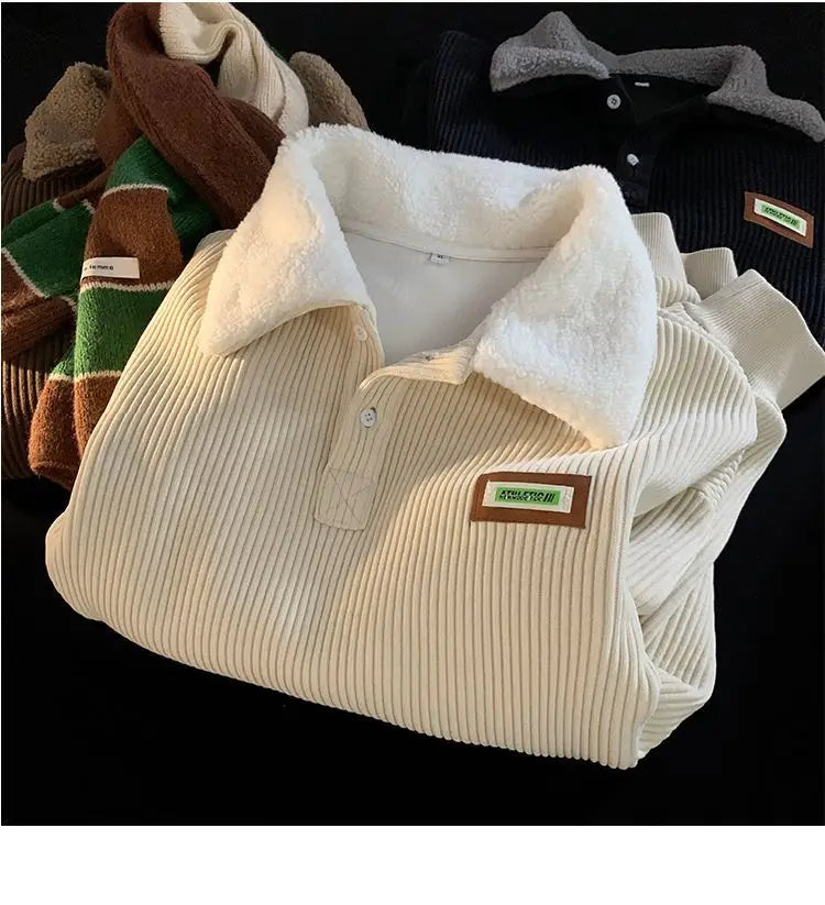 Threebooy Men's Corduroy Polo Shirt Sweater Women's Autumn Winter Fleece Thick Coat Turndown Collar Buttons Long Sleeves Warm Tops