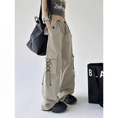Threebooy  Workwear Pants Men's Japanese Retro Loose Wide-leg Straight Pants Design Sense Casual Drawstring Trousers Big Pockets