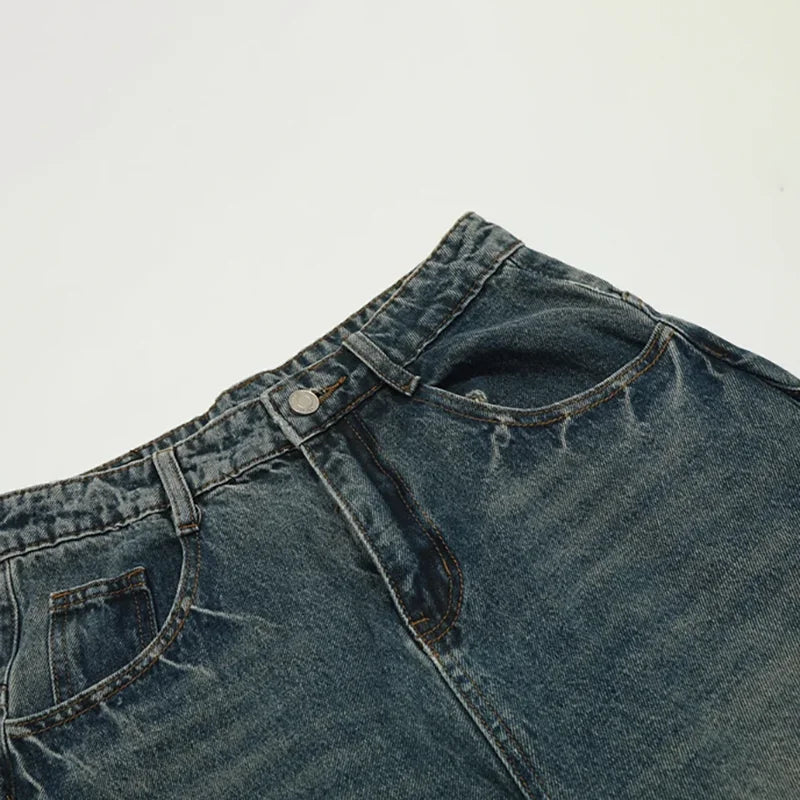 Threebooy Wide Leg Curved Jeans Mens Washed Distressed Retro High Street Loose Denim Pants Baggy Trousers Y2K Men Straight Spliced Jeans
