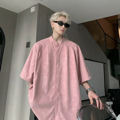 Threebooy Harajuku Blouses Men Bamboo Leaf Print Shirt Streetwear Button Up Short Sleeve Shirts Chinese Style Tops Unisex Cool Summer