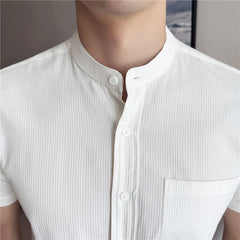 Threebooy  Summer 100% Cotton Stand Up Collar Striped Shirt Men's Casual Pocket Decoration Short Sleeved Shirt Business Social Dress Shirt