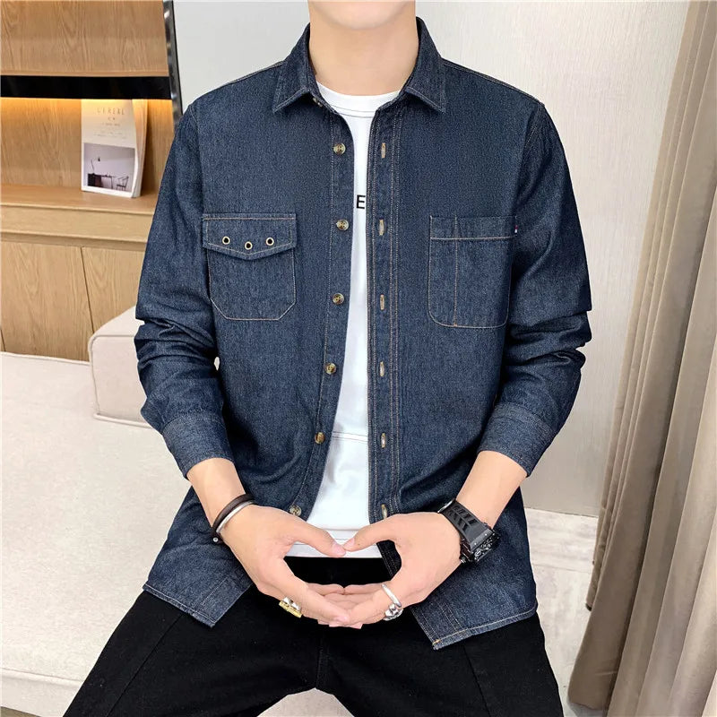 Threebooy Denim Shirt for Men Jeans Cotton Long Sleeve Blue Blazer Button Up Y2K Casual Spring Summer Cardigan Loose Fashion  Black Coat