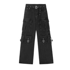 Threebooy  American hip-hop men and women trendy and personalized multi pocket straight leg jeans for couples loose retro casual pants y2k