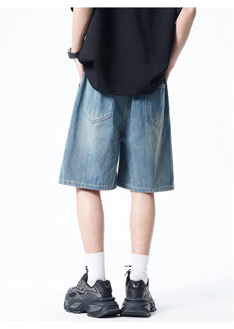 Threebooy Mens Denim Shorts Elastic Waist Drawstring Washed Classic Casual Summer Streetwear Vintage Stonewash Comfort Fit 2025 Fashion