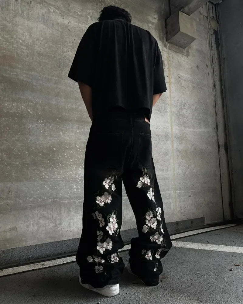 Threebooy  Y2K Baggy Jeans Harajuku vintage cherry blossom Embroidery high quality jeans streetwear Hip Hop gothic men women wide leg jeans