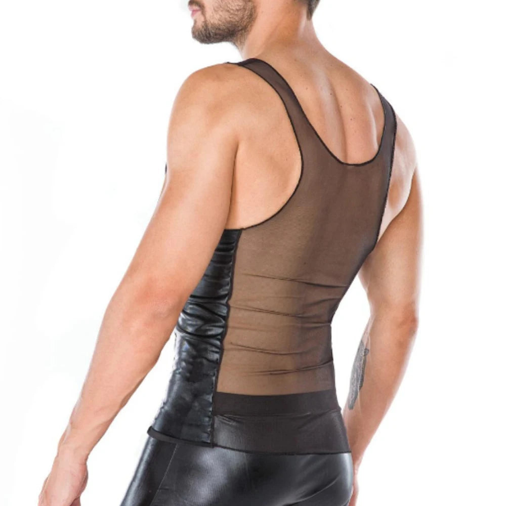 Threebooy Men Erotic Sexy See-Through Mesh Splicing Vest 2024 New Genderless Nightclub Personalized Slim Stage Performance Clothing Unisex