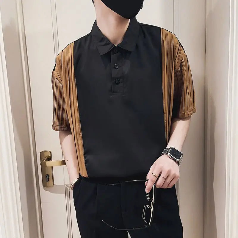 Threebooy  Spliced contrasting Shirt Men's Trendy Brand Slim Short-sleeved Shirt Men's Summer Trendy Casual Versatile Tops