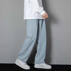 Threebooy 2025 New Korean Men's Casual Long Jeans Classic Man Straight Denim Wide-leg Pants Solid Color Light Blue Grey Black