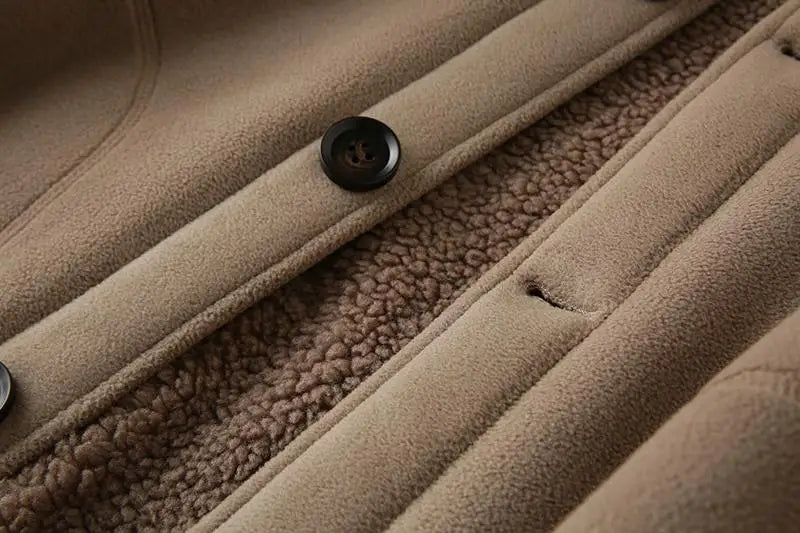 Threebooy Men's Jacket Autumn Winter Polar Fleece Stitching Double Layer Stand Collar Thickened Single-breasted Solid Color Jackets Tops