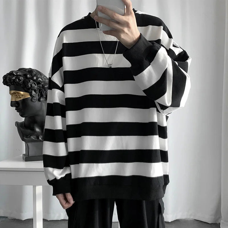 Threebooy Autumn Winter Striped Men's Korean Fashion Hoodies Youth Harajuku Retro Long Sleeve Bottoming Shirt Pullover