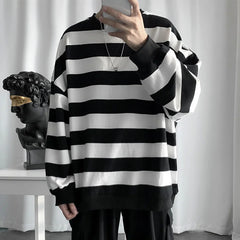 Threebooy Autumn Winter Striped Men's Korean Fashion Hoodies Youth Harajuku Retro Long Sleeve Bottoming Shirt Pullover