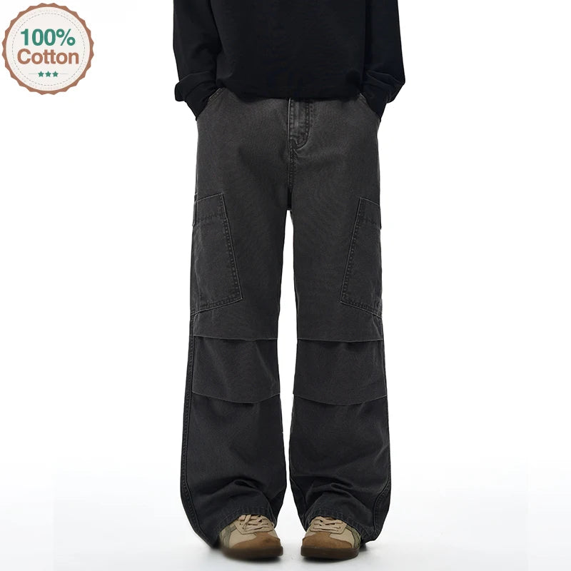 Threebooy American Loose Straight Cargo Pants Men's Fashion Streetwear 100% Cotton Vintage Large Pocket Loose Casual Wide-leg Trousers